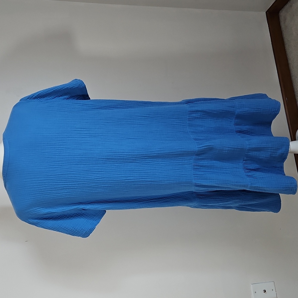 J Jill XL Crinkle Cotton Short Sleeve Midi Dress Blue 1/2button Up Ruffle Tiers - Picture 3 of 7